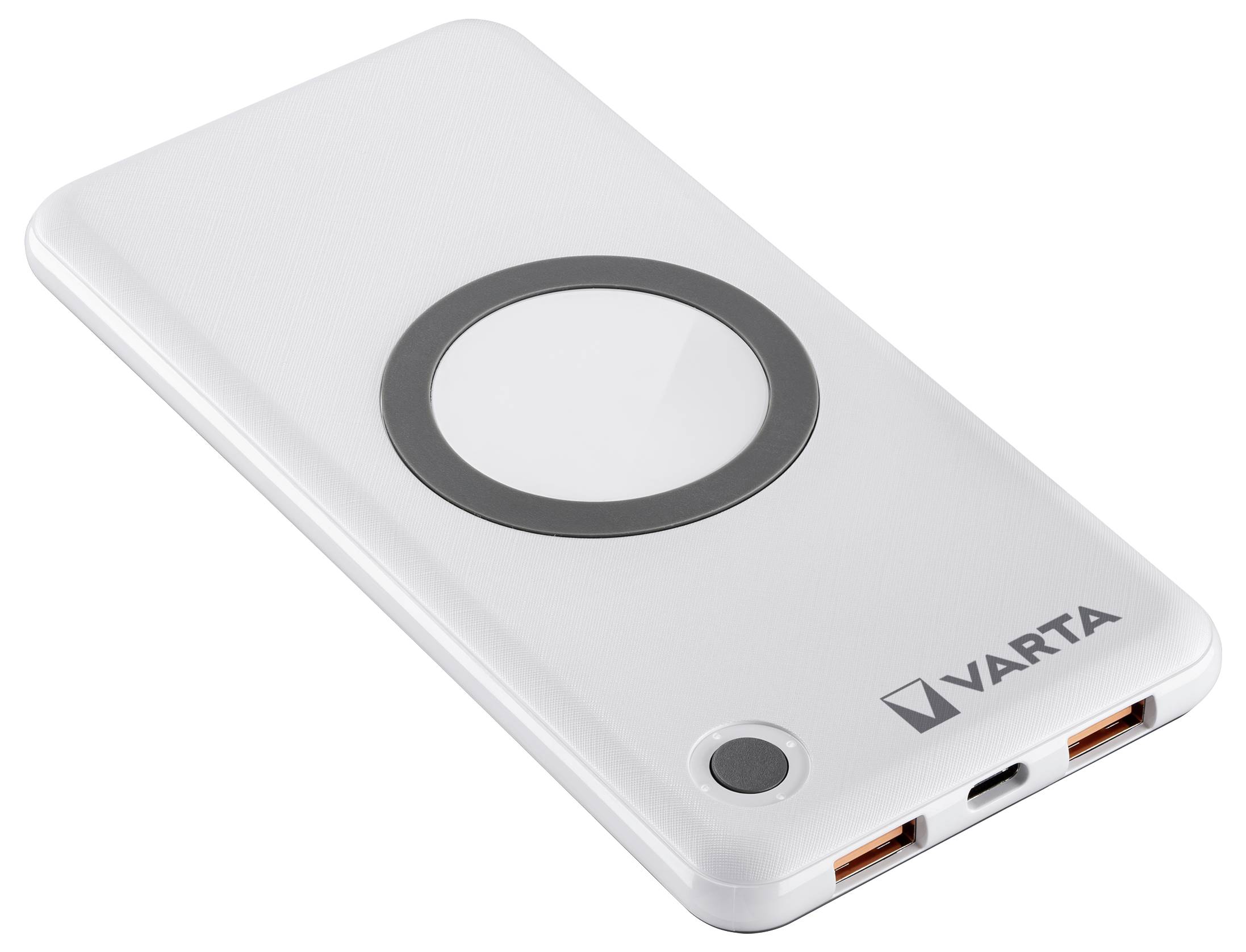 Eine weiße VARTA Powerbank mit einer kreisförmigen Ladefläche, USB-Anschlüssen und einem Netzschalter, entwickelt zum Laden tragbarer Geräte.