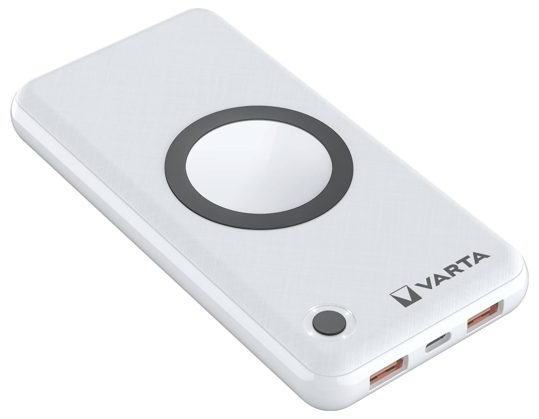 Ein weißes tragbares Varta-Ladegerät mit einem runden kabellosen Ladepads oben und zwei USB-Anschlüssen an der Seite.