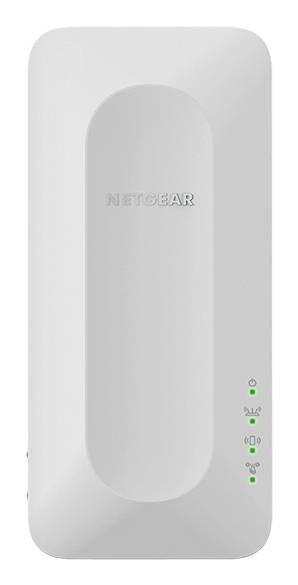 Ein weißer NETGEAR-Funknetzwerkzugriffspunkt mit Anzeigelampen für Stromversorgung, Konnektivität und Signalstärke an der Seite.