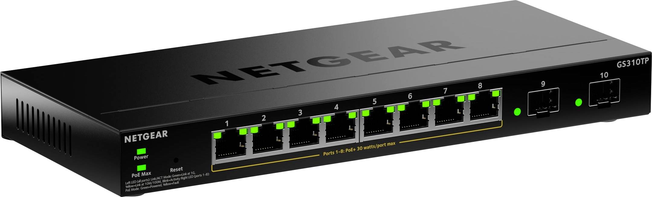 Ein schwarzer NETGEAR Netzwerk-Switch mit acht Ethernet-Anschlüssen und zwei SFP-Anschlüssen, von denen jeder durch grüne LED-Leuchten angezeigt wird.
