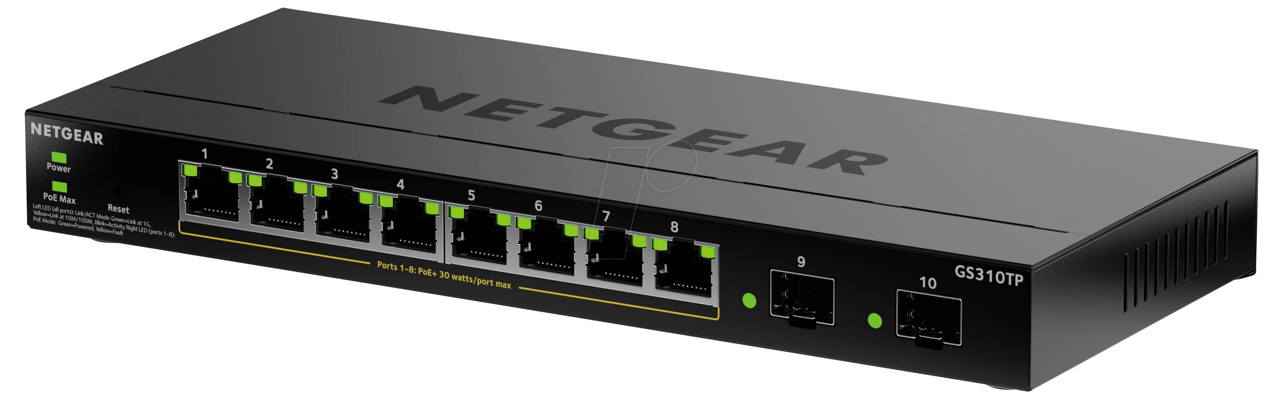 NETGEAR-Netzwerk-Switch mit acht Ethernet-Anschlüssen und zwei Glasfaseranschlüssen, Modell G5310TP. Grüne Leuchten zeigen aktive Anschlüsse an.