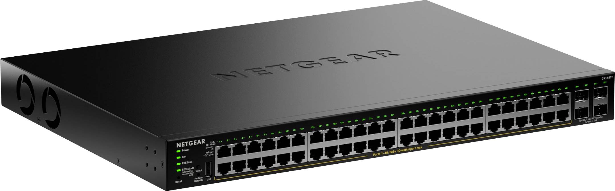 Ein schwarzer Netgear Netzwerk-Switch mit 48 Ethernet-Anschlüssen und LED-Anzeigen, der für Netzwerkverwaltung und Datenweiterleitung in einer Server-Umgebung verwendet wird.