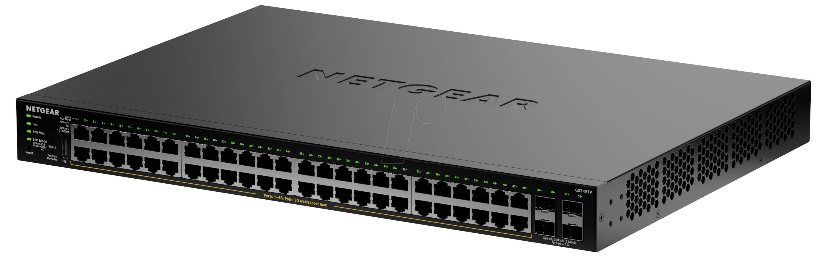 Ein schwarzer Netgear-Netzwerk-Switch mit 48 Ethernet-Anschlüssen und LED-Indikatoren wird gezeigt. Er ist für großflächige Netzwerk-Setups konzipiert.