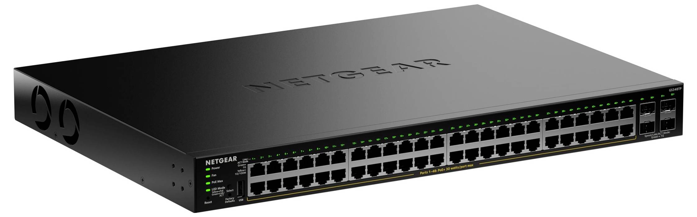 Netgear Netzwerk-Switch mit 48 Ethernet-Anschlüssen, LED-Statusanzeigen, schwarzes Metallgehäuse, geeignet für geschäftliche Netzwerklösungen.