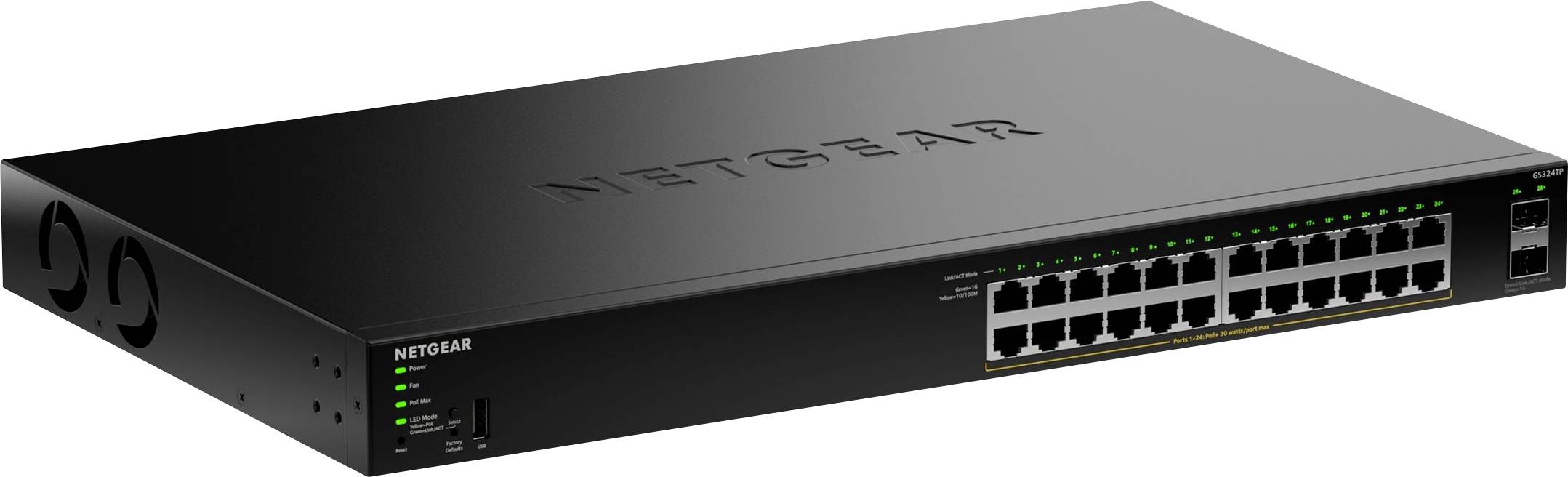 Ein schwarzer NETGEAR-Netzwerk-Switch mit mehreren Ethernet-Anschlüssen und LED-Indikatoren auf der Frontplatte. Geeignet für die Rackmontage.