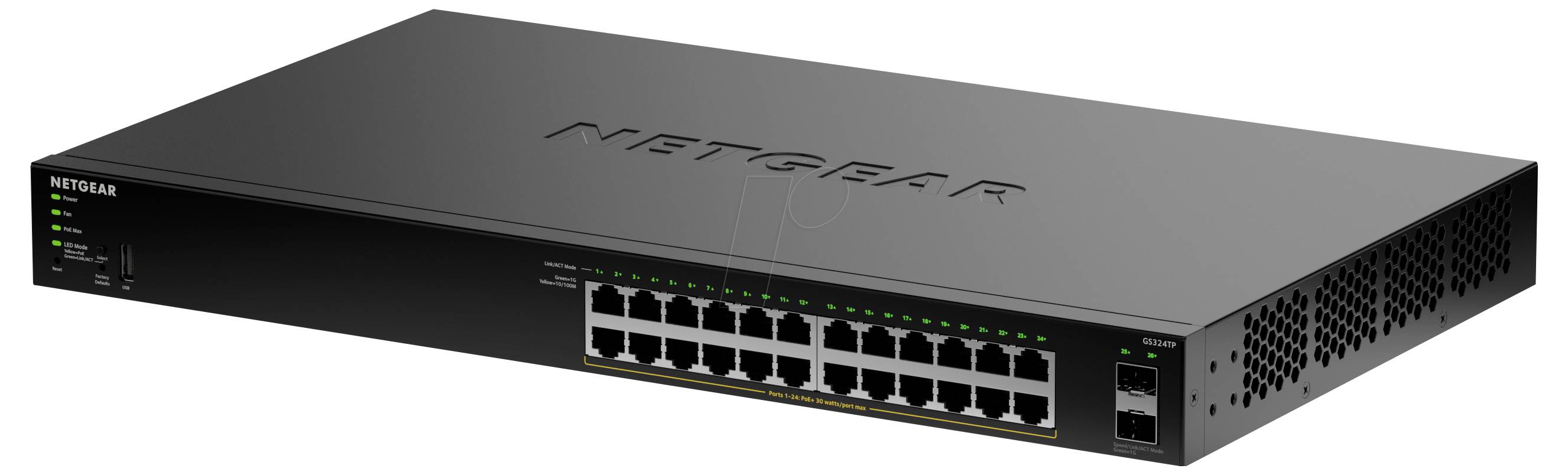 Ein schwarzer Netgear-Netzwerk-Switch mit 24 Ethernet-Anschlüssen und 2 SFP-Anschlüssen, der zum Verbinden mehrerer Geräte in einem Netzwerk verwendet wird.