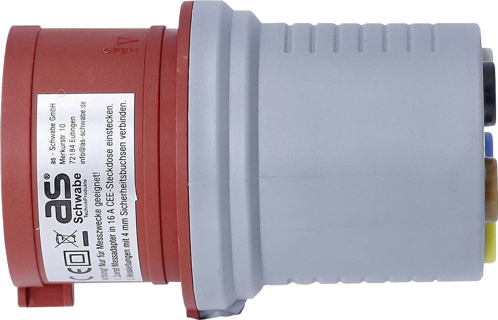 Rot-grauer elektrischer Stecker oder Steckdosenadapter in Seitenansicht mit gekennzeichnetem rotem Gehäuse und farbigen Anschlussenden auf der rechten Seite.