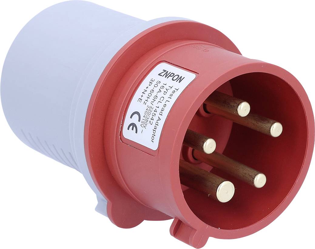 Ein roter Industriestromstecker mit fünf kreisförmigen Metallstiften, der für Hochspannungsverbindungen verwendet wird. Der Stecker ist angewinkelt, um die Stiftkonfiguration zu zeigen.