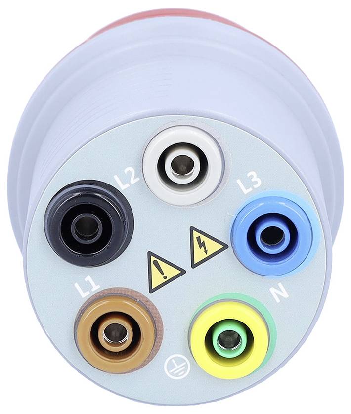 Ein runder elektrischer Stecker mit fünf farbigen Anschlüssen, die mit L1, L2, L3, N und PE gekennzeichnet sind. In der Mitte werden zwei Warnsymbole angezeigt.