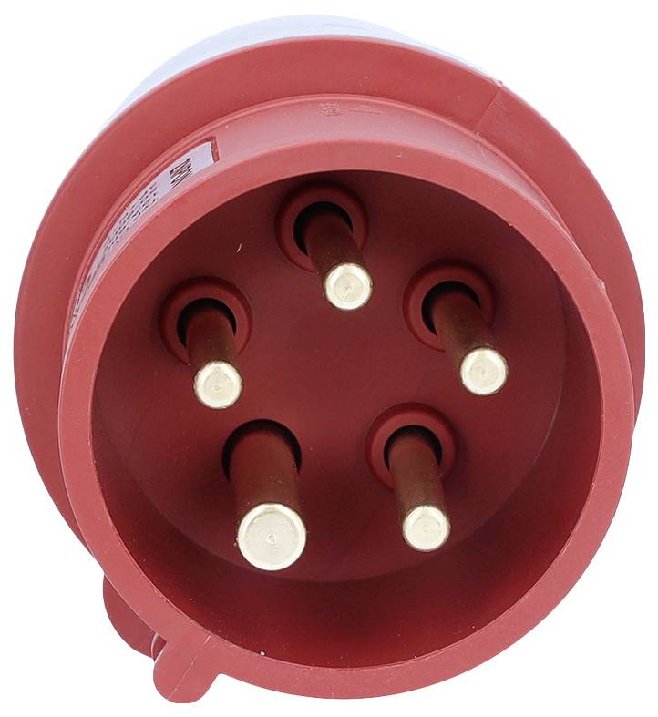 Ein roter Industrie-Stromstecker mit fünf runden Metallstiften, verwendet für schwere elektrische Verbindungen, von vorne gezeigt.