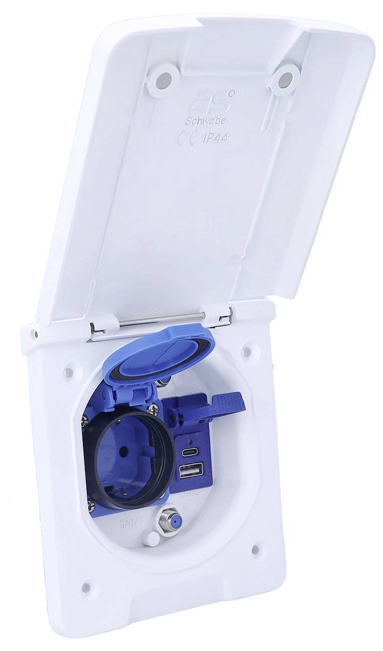 Offene weiße Steckdose mit blauer Abdeckung und USB-Anschluss, ausgelegt für den Außenbereich.