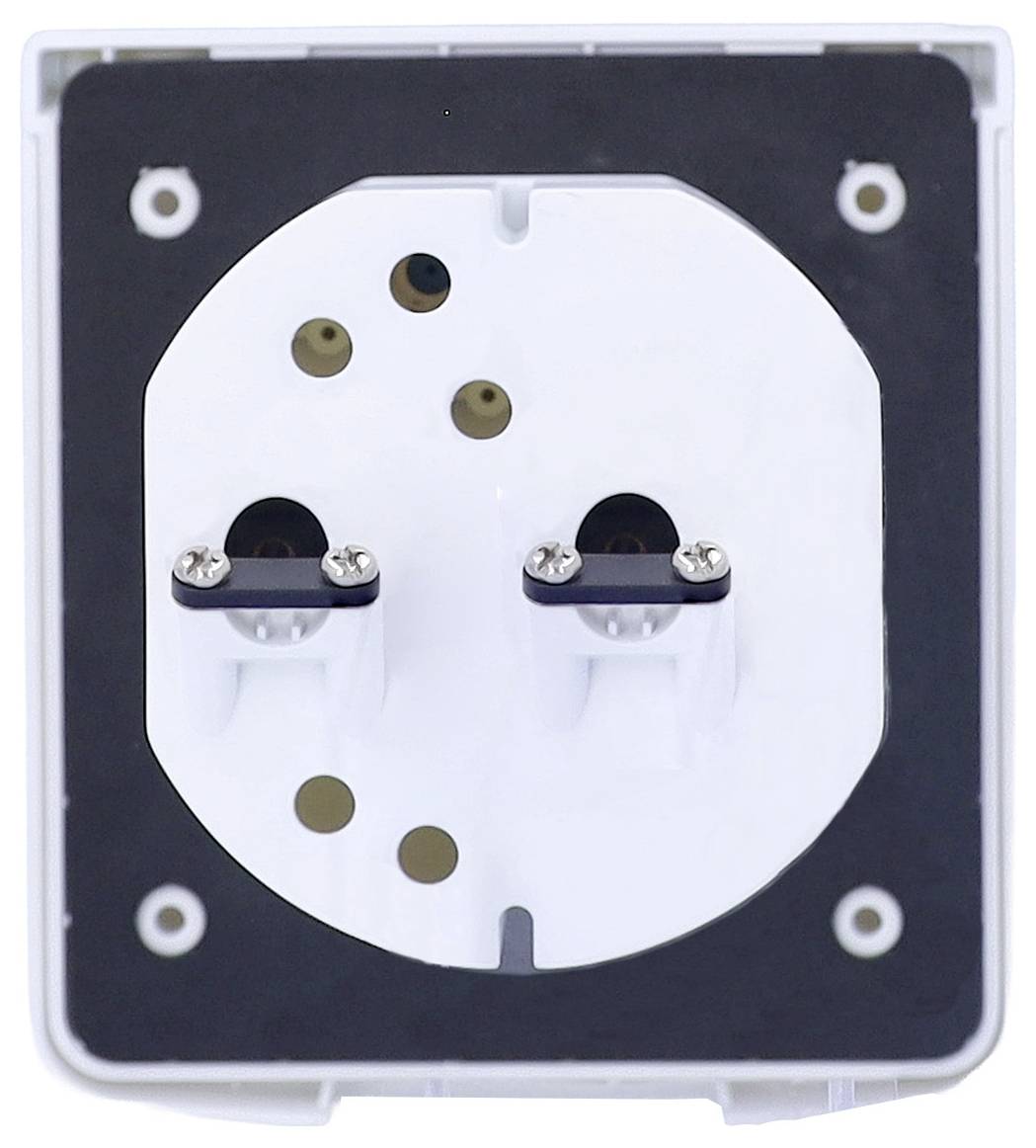 Eine weiße Elektrosteckdosenblendenplatte, die für die Wandmontage ausgelegt ist, mit zwei sichtbaren Schraubklemmen.