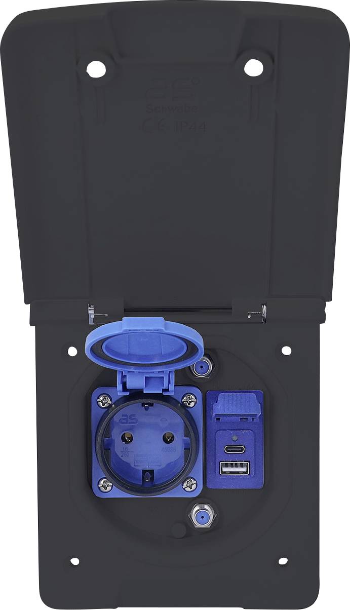 Schwarzes und blaues Elektroschalttafelpanel mit offener Abdeckung, mit einer blauen Steckdose, einem USB-Anschluss und einer digitalen Anzeige.