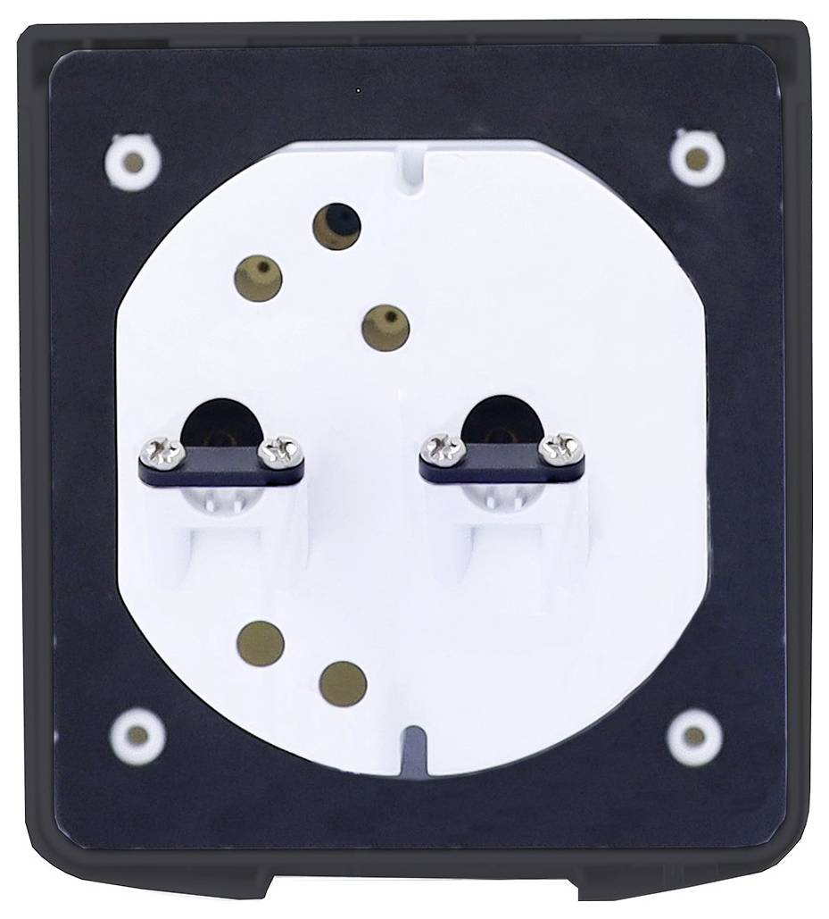Eine Nahaufnahme einer europäischen Steckdose mit zwei Steckplätzen, montiert auf einem schwarz-weißen Panel, geeignet für elektrische Verbindungen.