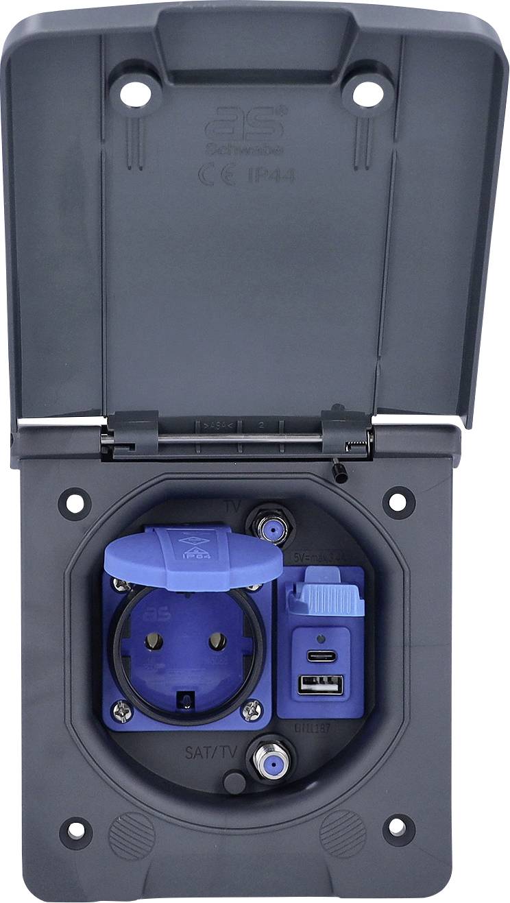 Elektrischer Schaltkasten mit aufgeklapptem Deckel, ausgestattet mit einer blauen Steckdose, USB-Anschluss und Steckverbindern, für die Verwendung im Freien konzipiert.