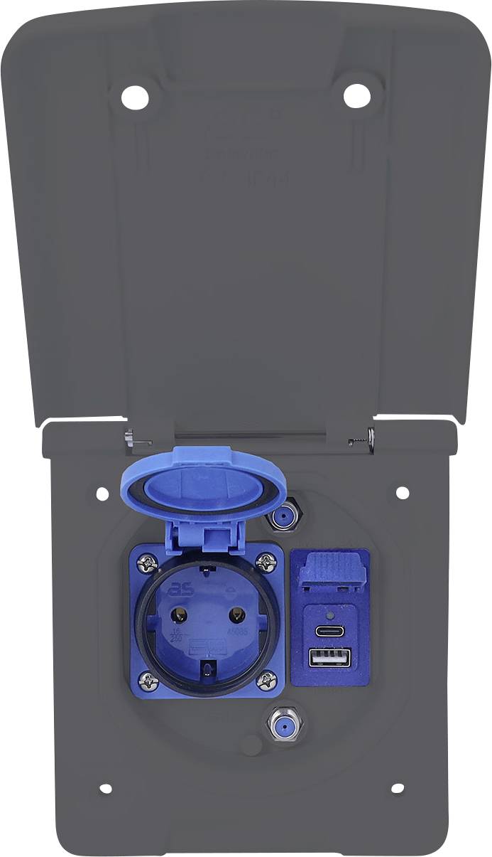 Ein graues Elektrosteckdosenfeld mit blauem Deckel ist offen und zeigt Strom-, USB- und Zusatzanschlüsse zum Laden und für Konnektivität.