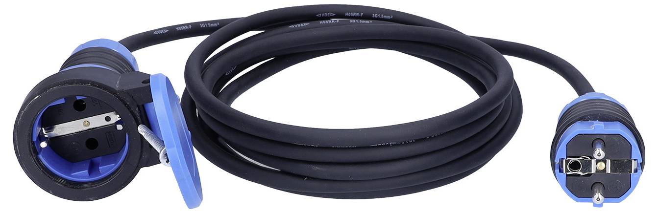 Ein blau-schwarzes Stromverlängerungskabel mit einer runden Buchse und einem Stecker, ordentlich aufgerollt.