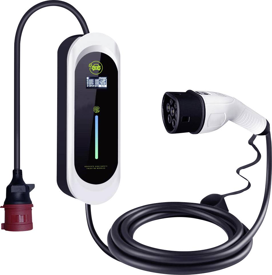 Ladestation für Elektrofahrzeuge mit wandmontierter Einheit, digitaler Anzeige und angebundenem Kabel mit Stecker.