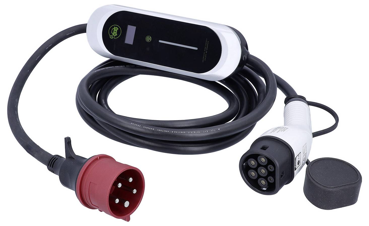 Ein Elektrofahrzeug-Ladekabel mit einem roten Stecker und einem mehrpoligen Anschluss, aufgerollt neben einer Ladestation, einsatzbereit.