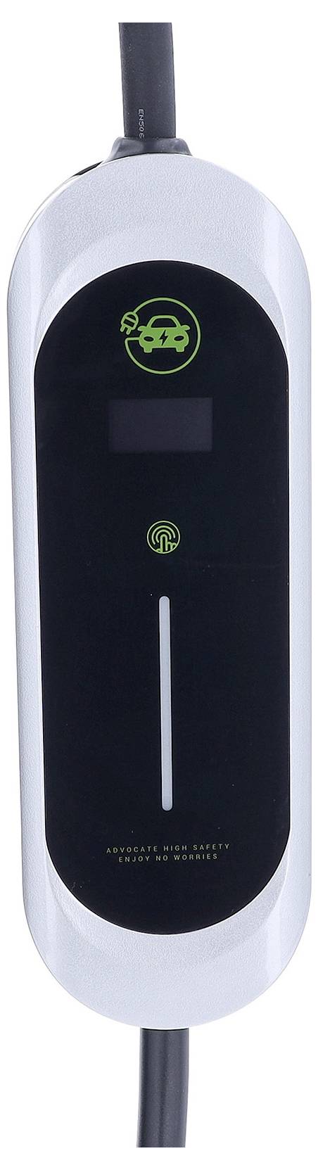 Ein Elektrofahrzeug-Ladestecker mit digitalem Display, das ein grünes Autosymbol und ein Ladesymbol zeigt, umgeben von einem silbernen Gehäuse.