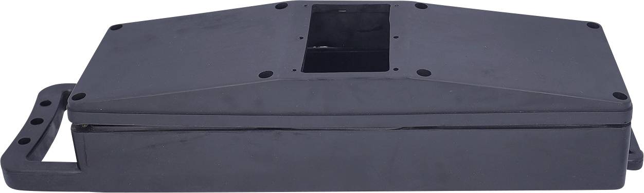 Eine rechteckige schwarze Metallkomponente mit einem Griff, möglicherweise ein Maschinenteil, von der Seite betrachtet.