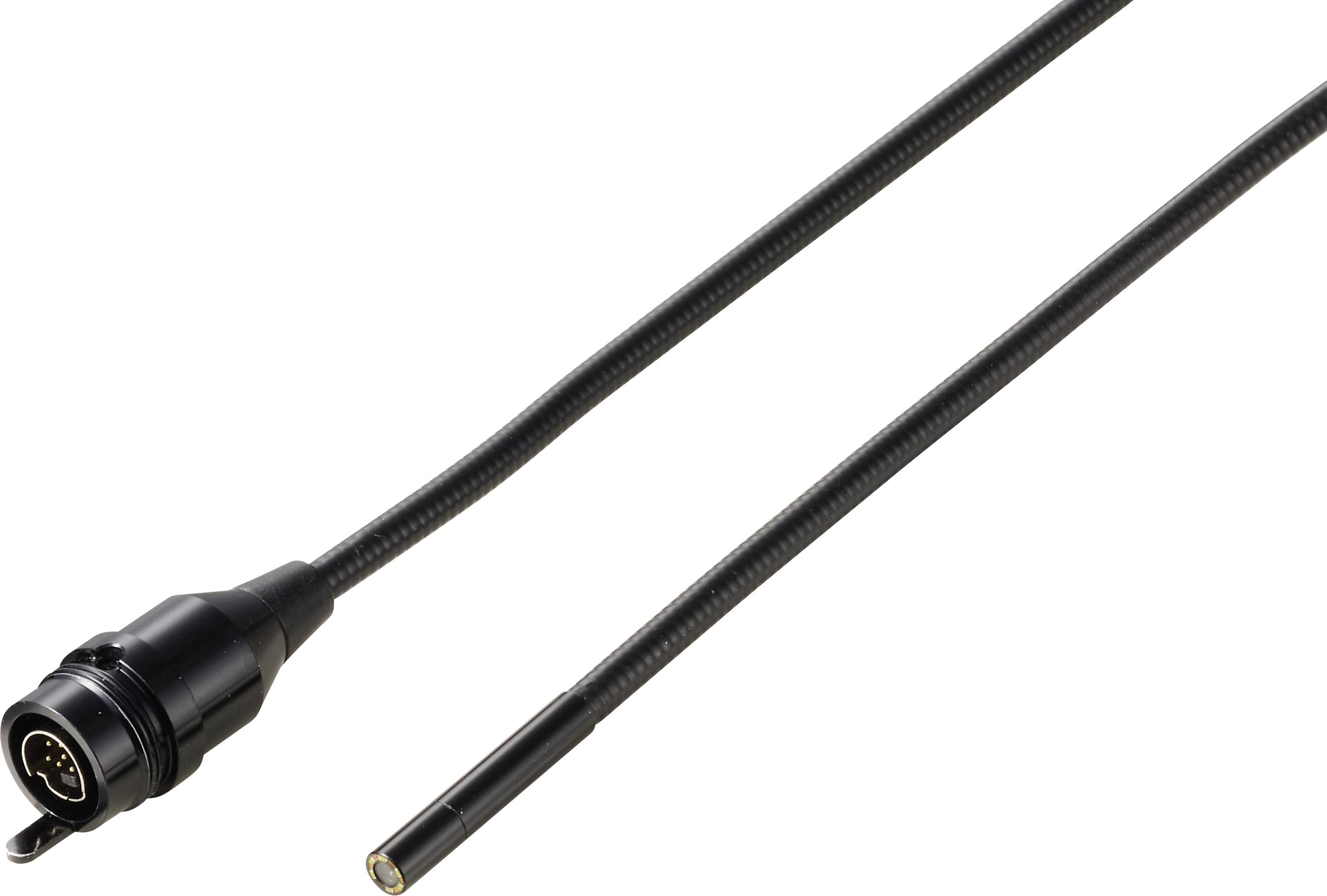 Schwarzes flexibles Kabel mit einem kreisförmigen Multi-Pin-Stecker an einem Ende und einer kleinen offenen Spitze am anderen Ende, gezeigt auf weißem Hintergrund.