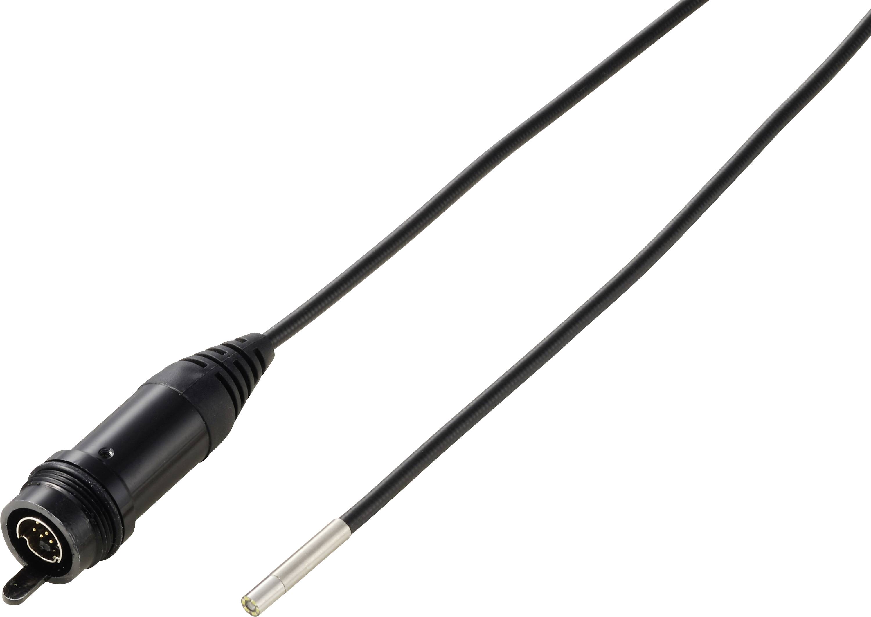 Schwarzes Kabel mit einem kreisförmigen Mehrfach-Steckverbinder an einem Ende und einer silberfarbenen Sensorkappung/Sondenspitze am anderen Ende.