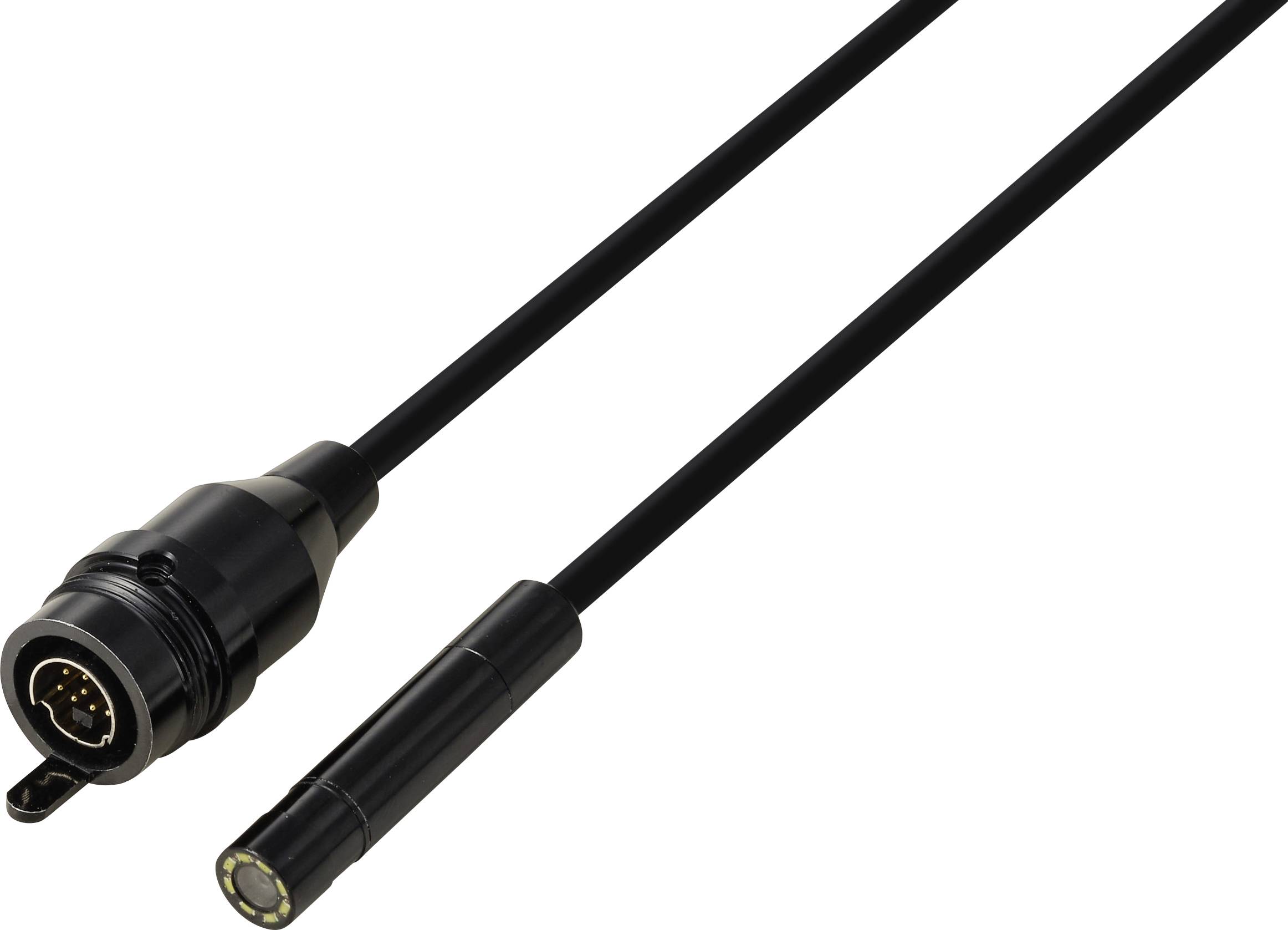 Zwei schwarze Verbindungskabel auf weißem Hintergrund, die an einem Ende einen runden Stecker und am anderen Ende einen kleineren runden Stecker zeigen.