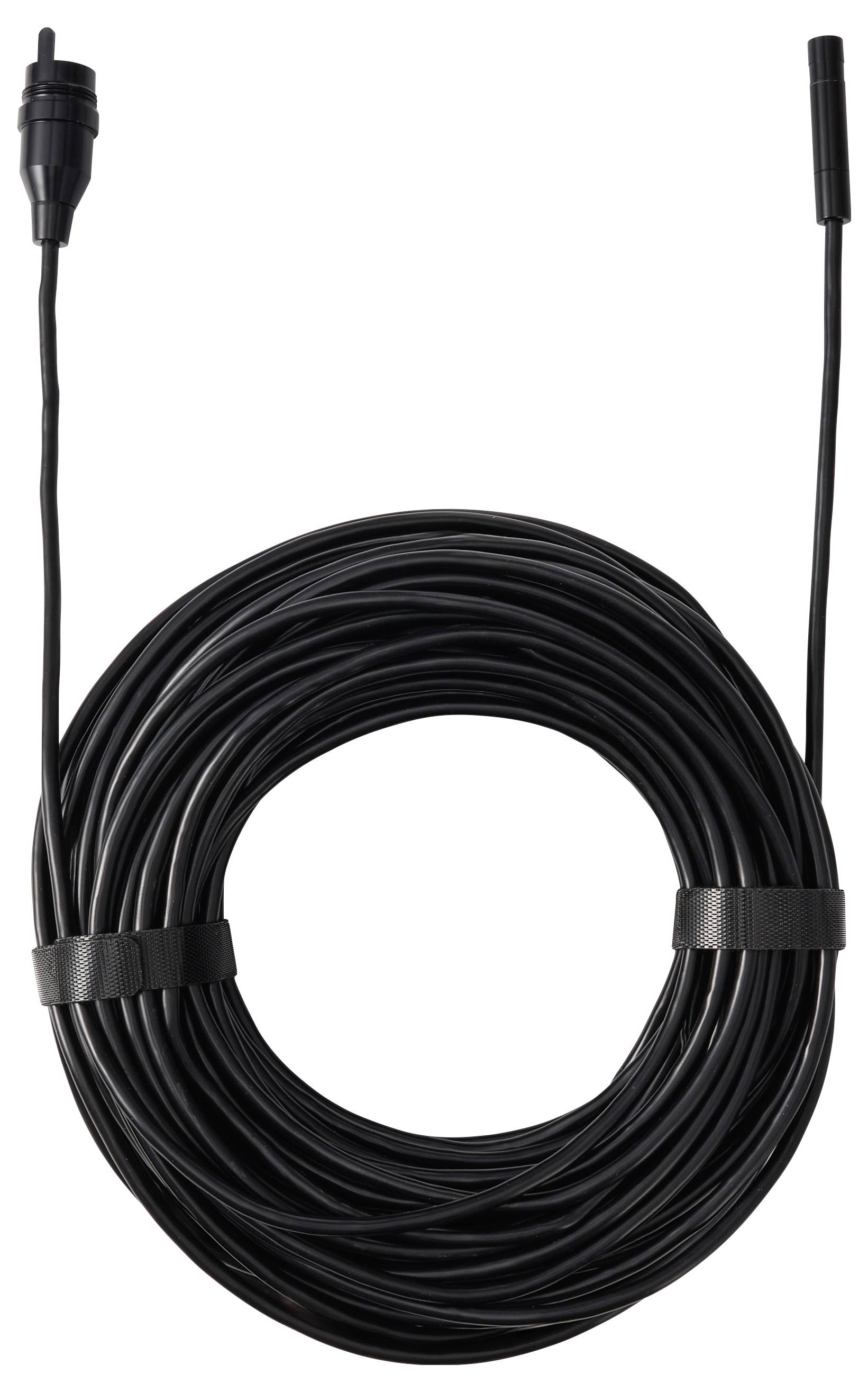 Schwarzes spiralförmiges Kabel mit zwei Steckverbindern auf weißem Hintergrund.