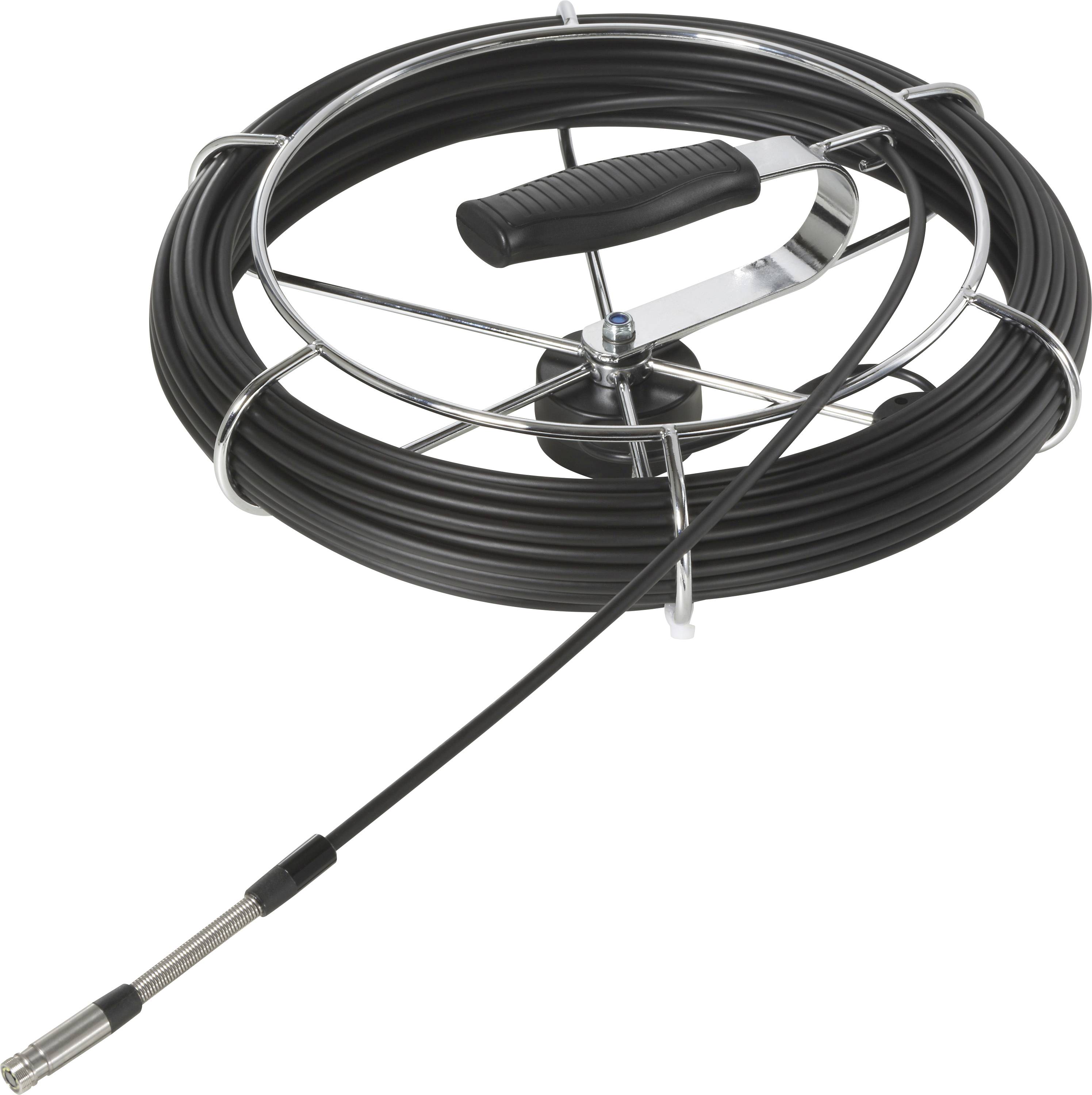 Aufgewickeltes Rohrreinigungsschlangen-Spiralrohr mit schwarzem Kabel, Metalltrommel und Handkurbel.