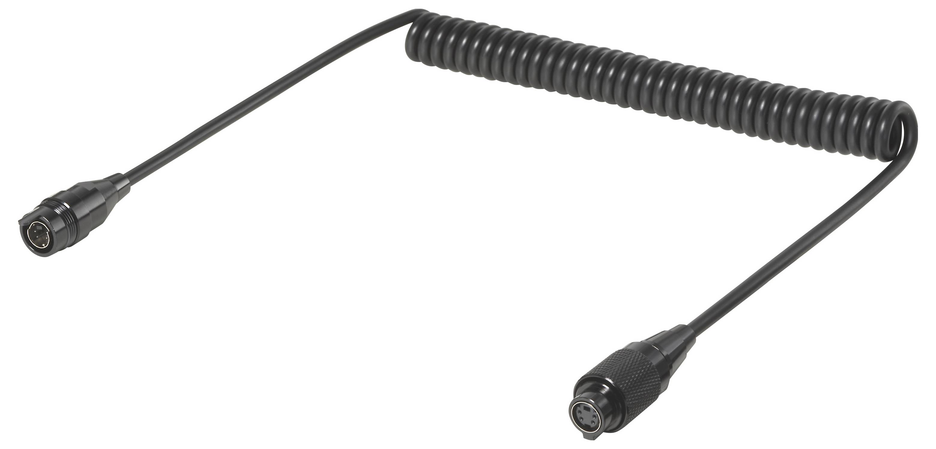 Aufgerolltes schwarzes Kabel mit runden Steckverbindern an beiden Enden, auf weißem Hintergrund dargestellt.