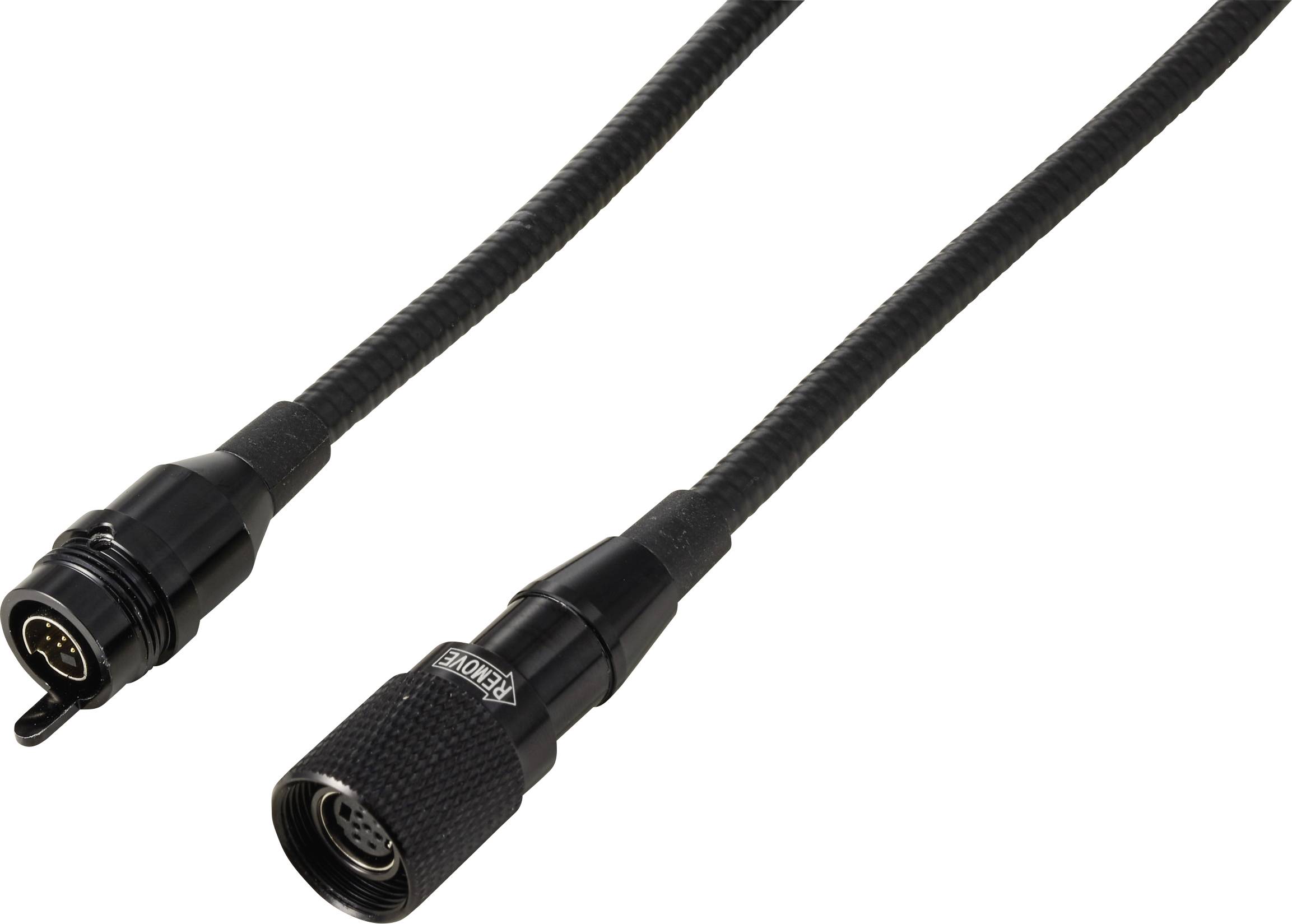 Schwarzes geflochtenes Kabel mit zwei kreisförmigen Steckern auf weißem Hintergrund, wahrscheinlich ein Industrie- oder Strom-/Datenkabel.