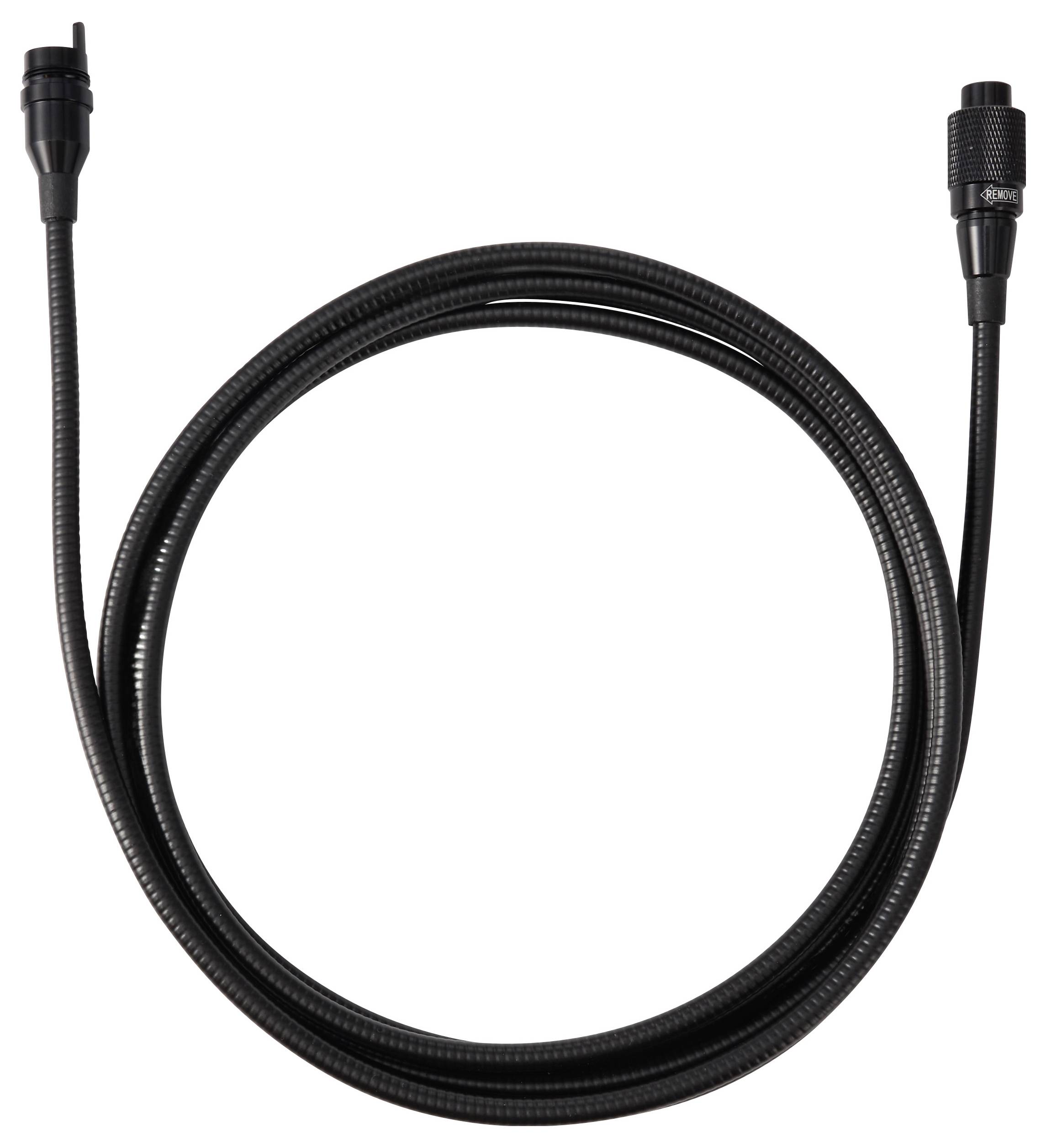 Aufgewickeltes schwarzes Kabel mit Anschlüssen an beiden Enden, dargestellt auf einem einfachen weißen Hintergrund.