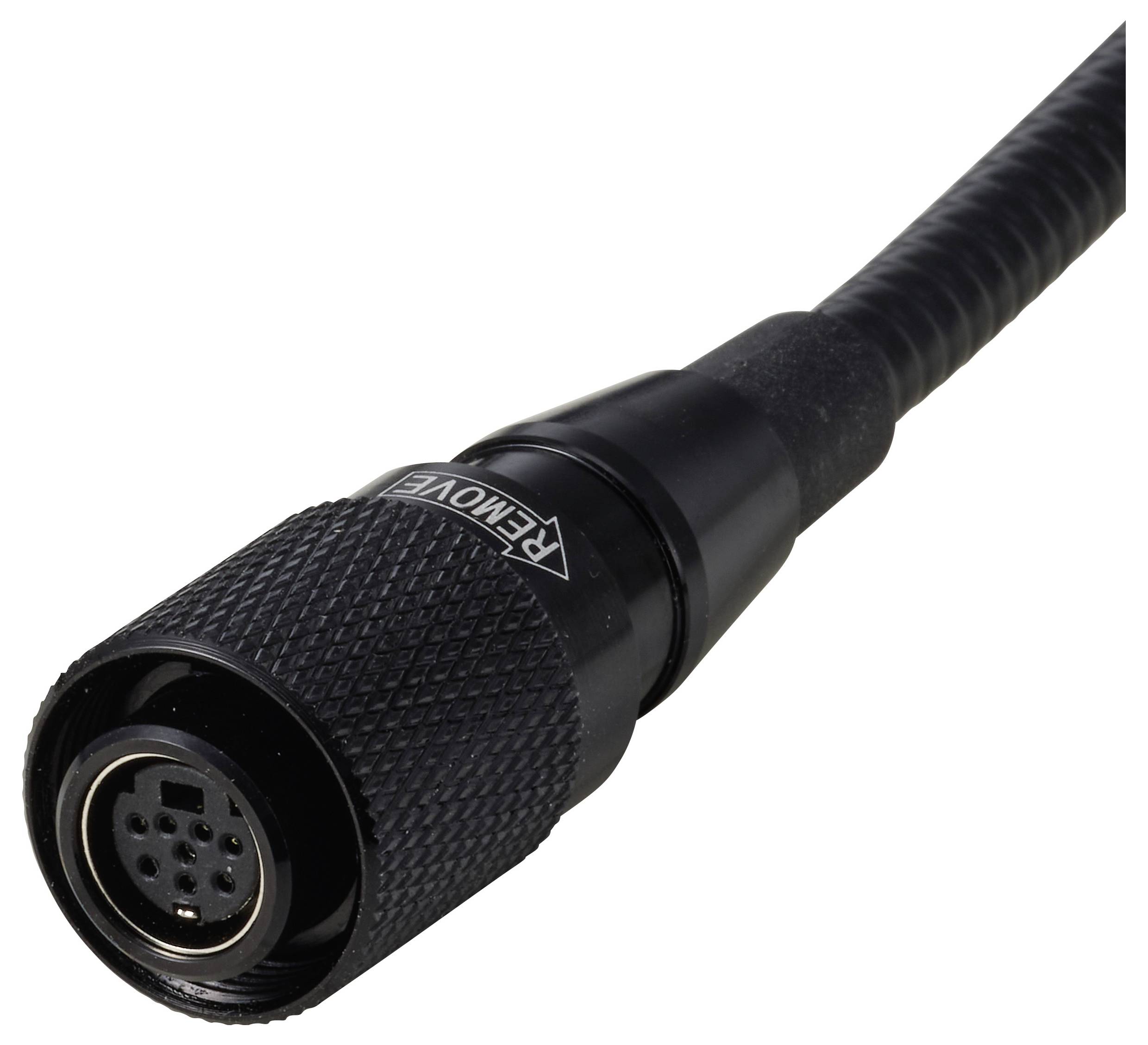 Nahaufnahme eines schwarzen runden Mehrfach-Stecker-Anschlusses mit gerilltem Griff und angeschlossenem Kabel auf weißem Hintergrund.