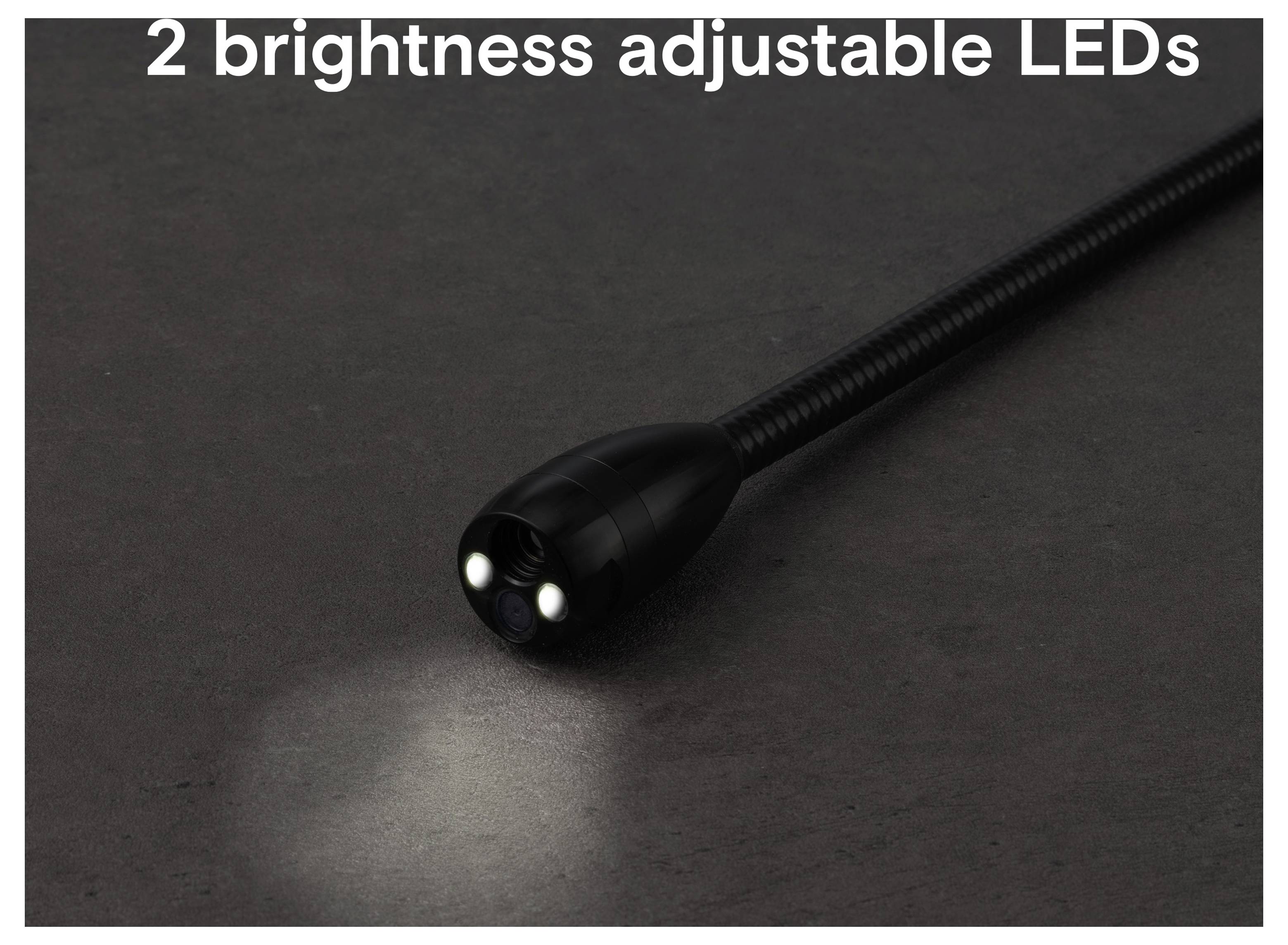 Flexible Gooseneck-Leuchte mit zwei verstellbaren LEDs, die eine dunkle Oberfläche beleuchten; Text sagt „2 Helligkeit verstellbare LEDs