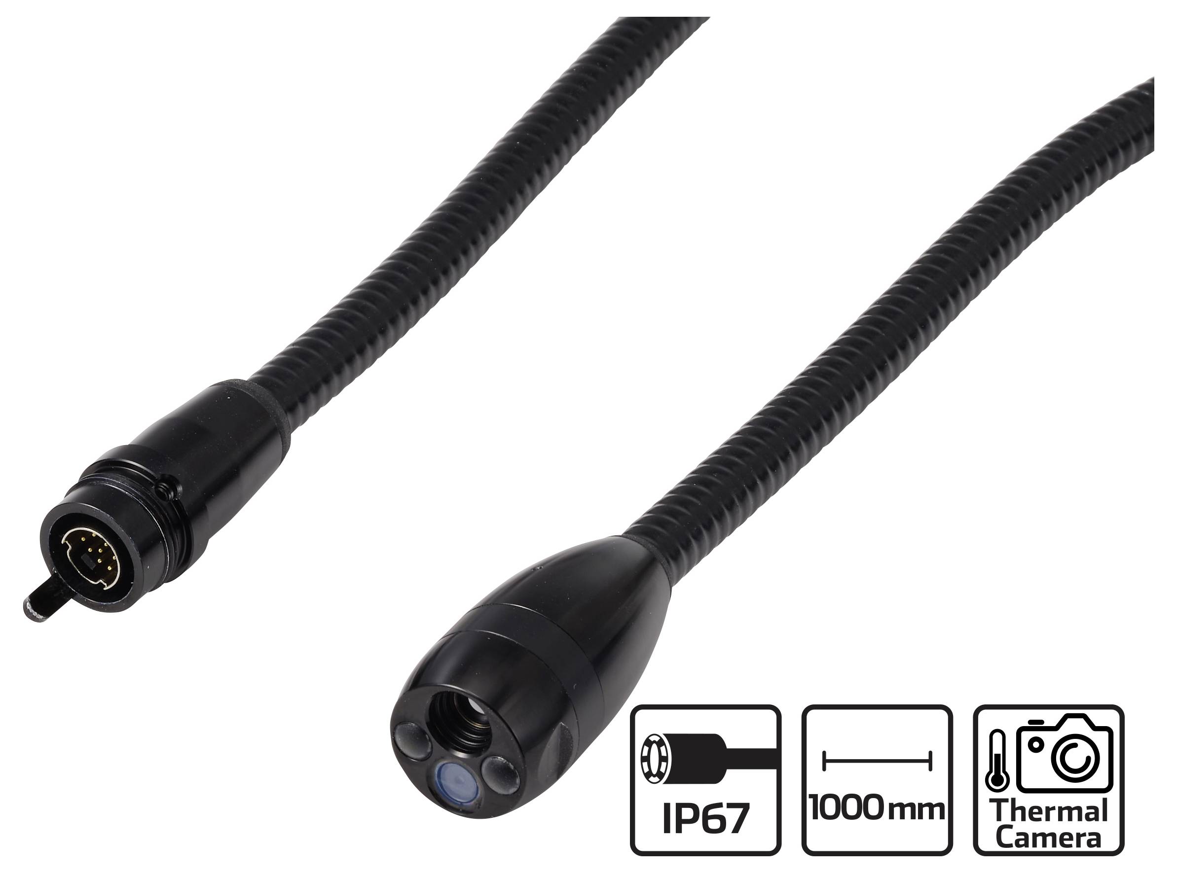 Schwarzes 1000-mm-IP67-Kabel mit Wärmebild-Kamerastecker und Endstecker auf weißem Hintergrund.