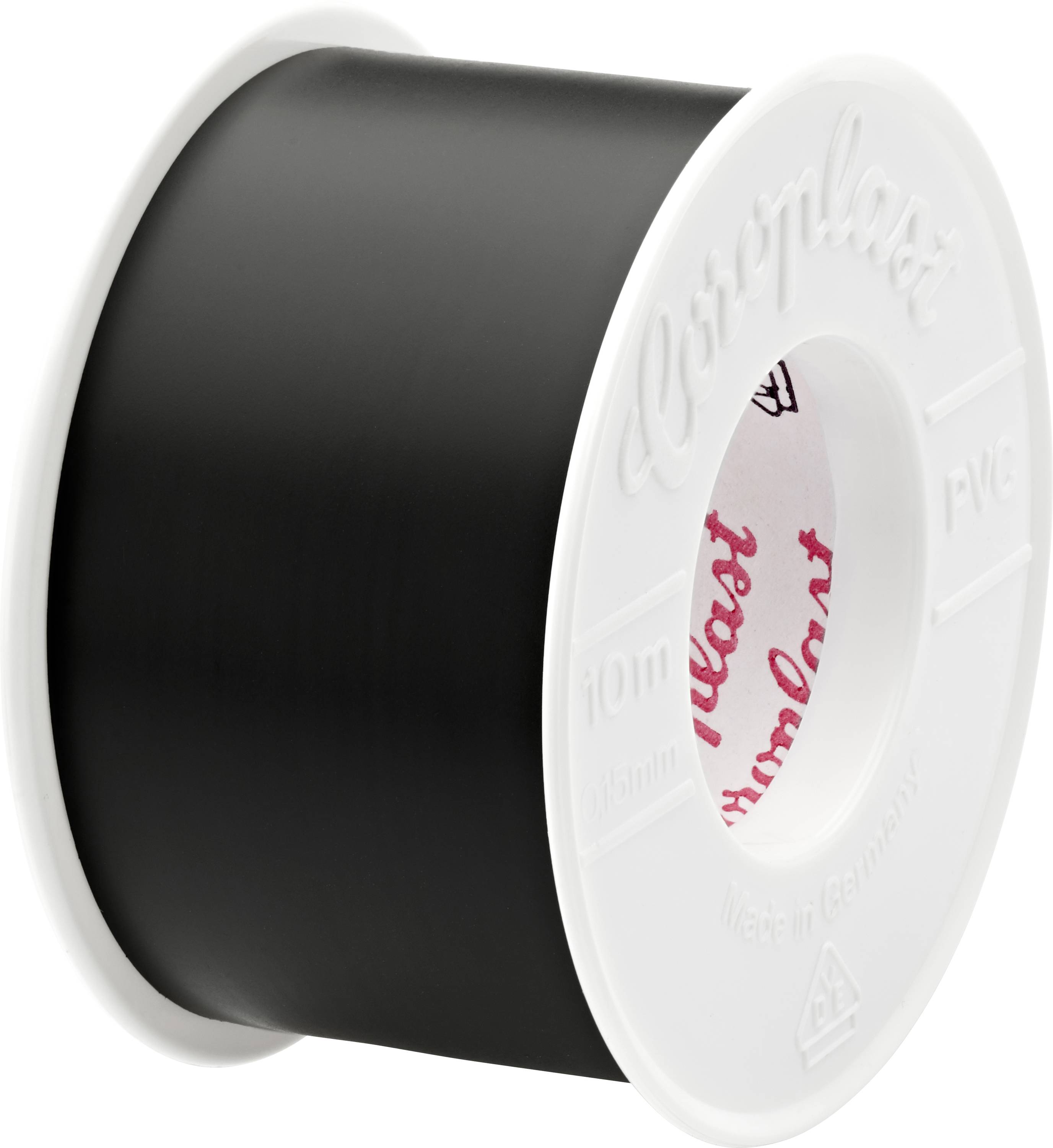 Eine schwarze Rolle Klebeband mit weißen Spulenkanten, mit der Marke „Coroplast