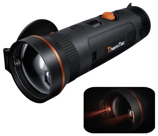 Eine schwarze Wärmeleuchte mit einem orangefarbenen Knopf, mit der Marke „ThermTec