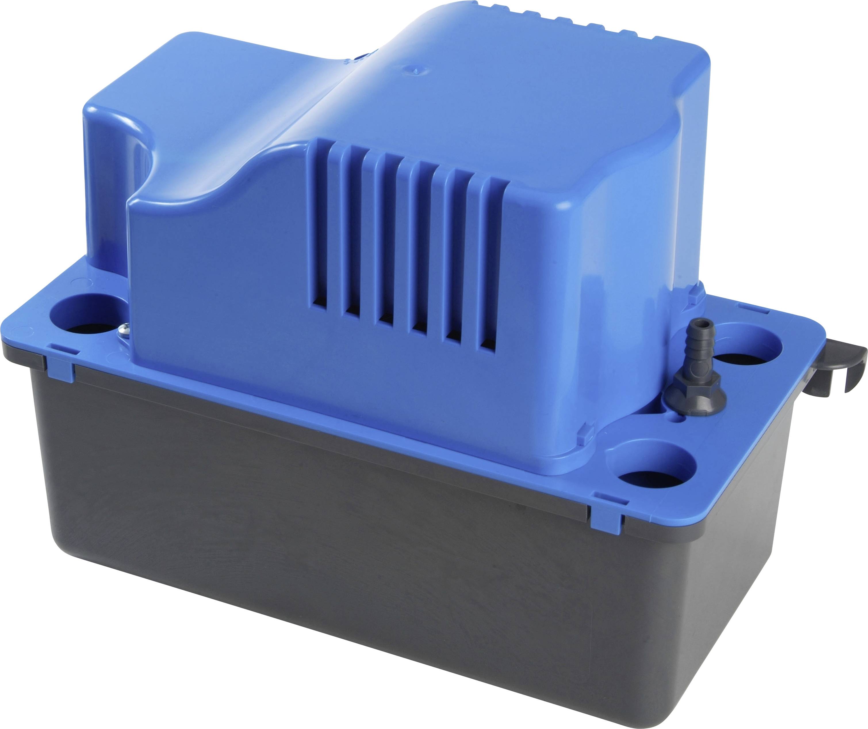 Eine blau und schwarze Wasserpumpe, die zum Entfernen von Kondenswasser konzipiert ist, mit sichtbaren Belüftungsöffnungen und Schlauchverbindung auf der Oberseite.