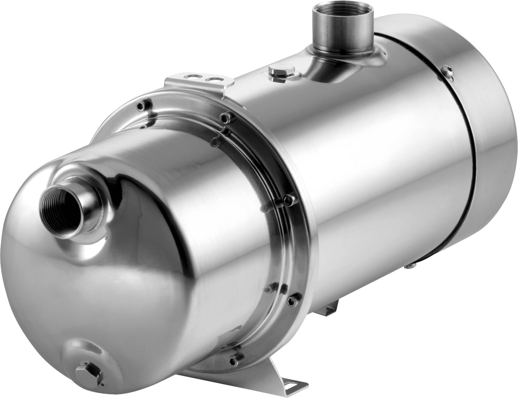 Eine glänzende Edelstahl-Industriepumpe mit zylindrischem Gehäuse, Ein- und Auslass für Flüssigkeitstransferzwecke.