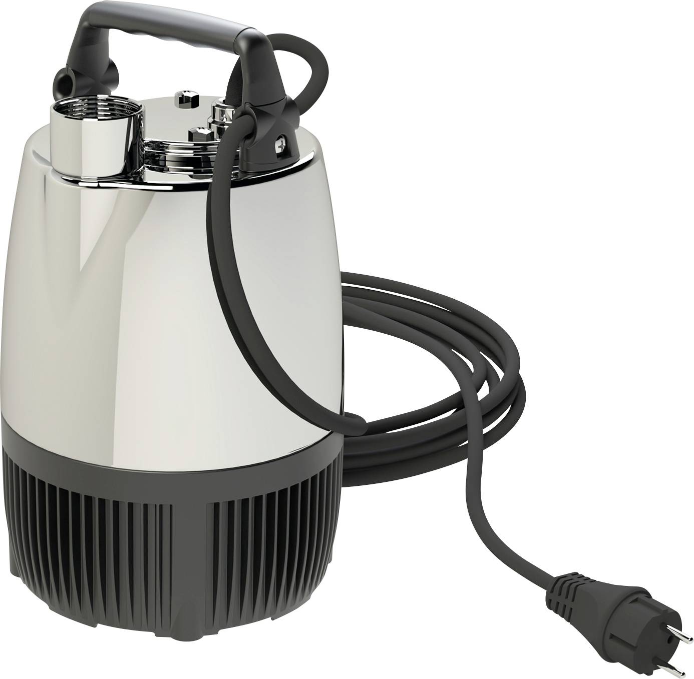 Eine Edelstahl-Wasserpumpe mit schwarzem Griff und langem Stromkabel, geeignet für den Tauchereinsatz bei Entwässerungsaufgaben.
