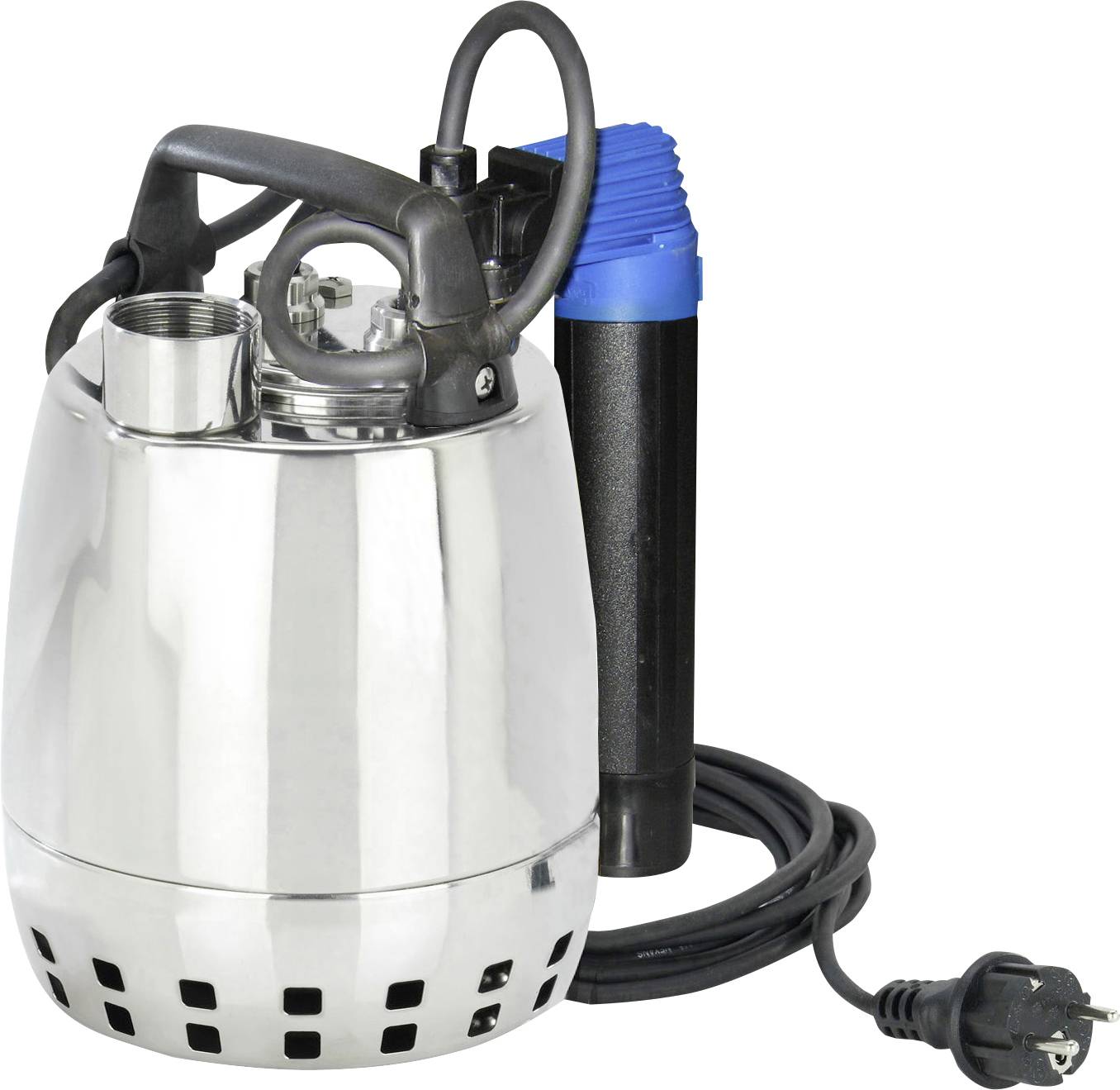 Eine Edelstahl-Tauchpumpe mit schwarzem und blauem Gehäuse, ausgestattet mit einem Stromkabel und Stecker, konzipiert zur Wasserwertfernung.