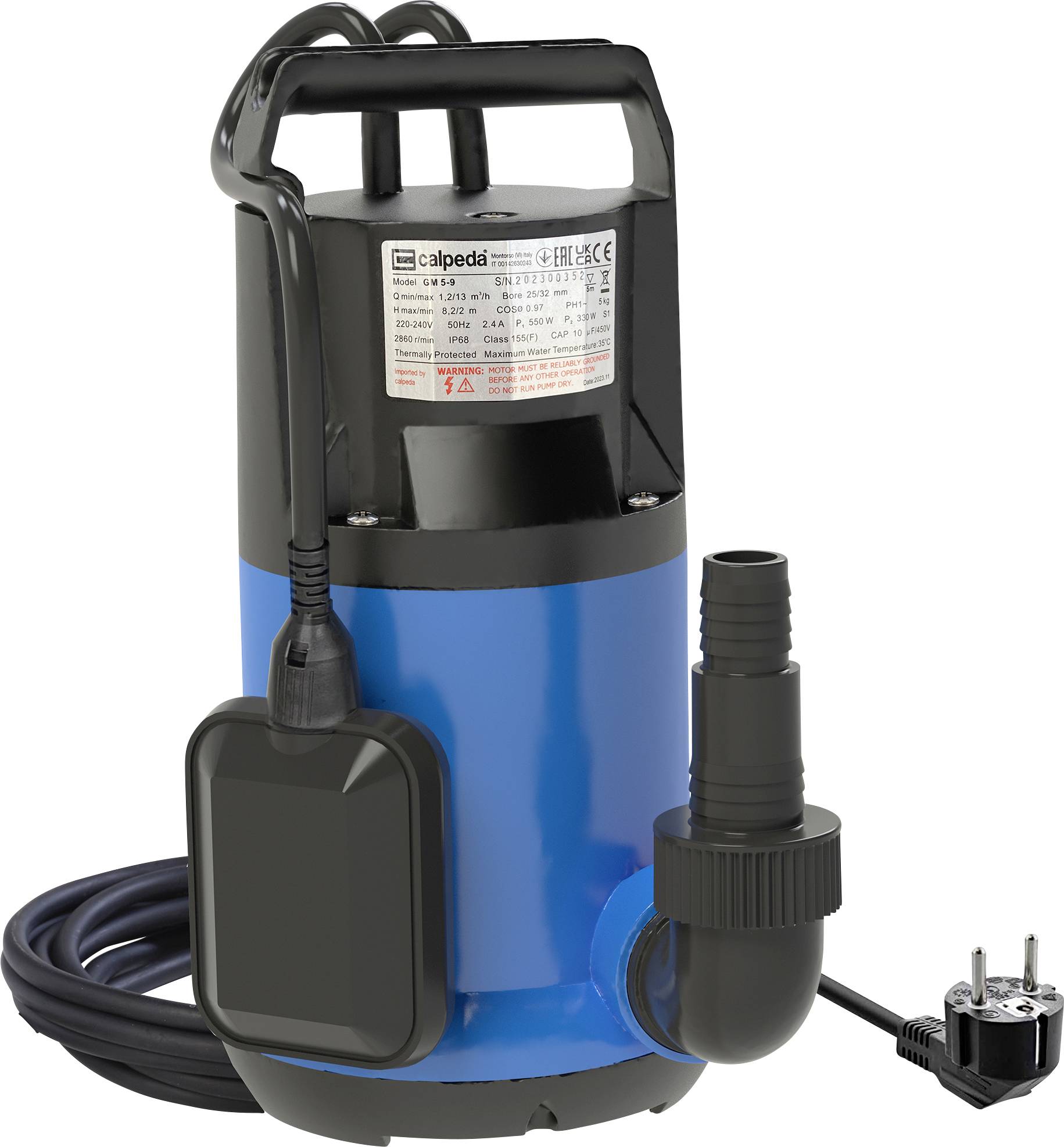 Eine blau und schwarz gefärbte Tauchpumpe mit schwarzem Stromkabel und Stecker, die zum Ablassen von Wasser in Wohneinrichtungen konzipiert ist.