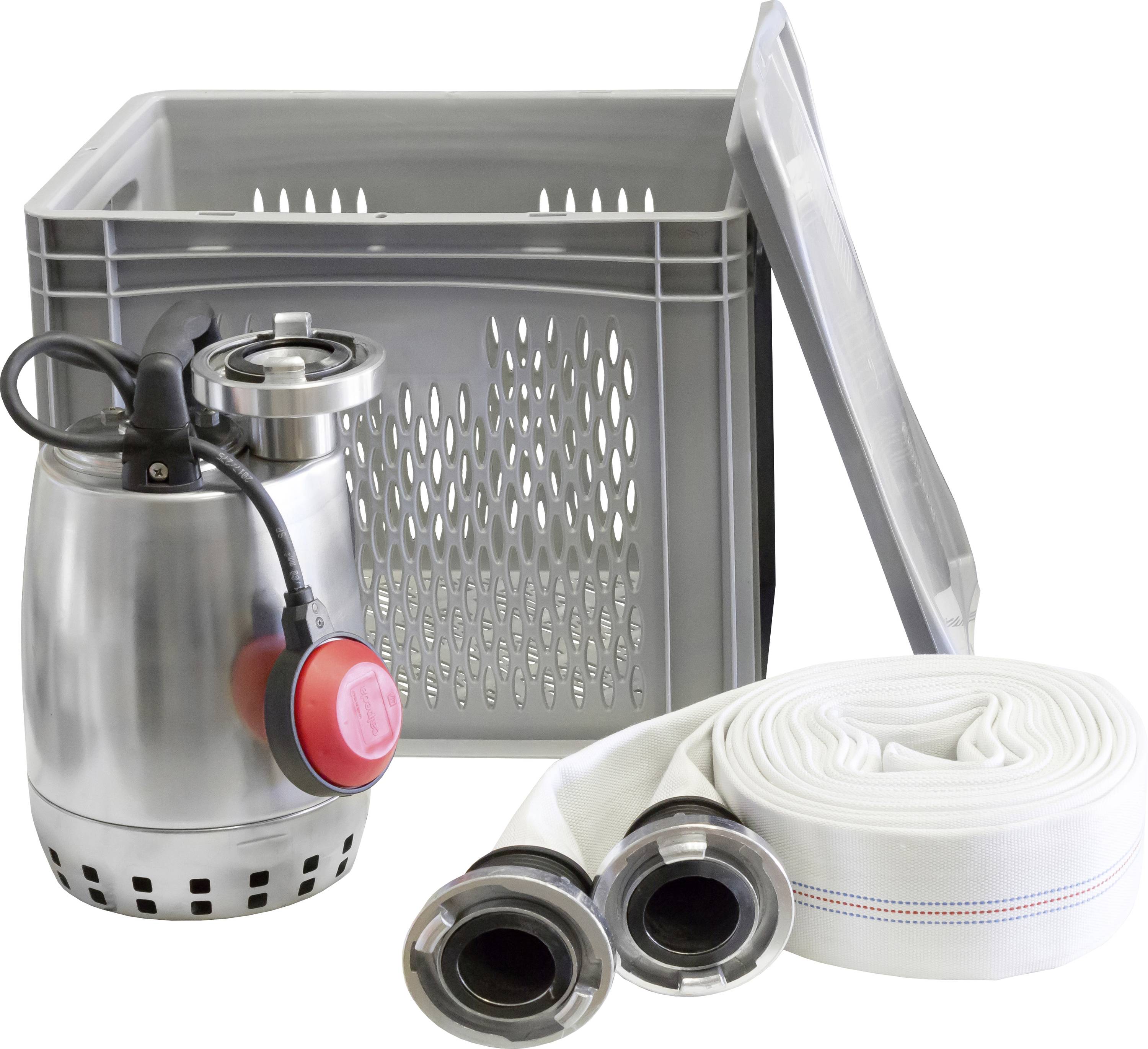 Eine Tauchpumpe mit einem roten Schwimmerschalter, einem aufgerollten weißen Schlauch und einem grauen Lagerbehälter mit Deckel dahinter positioniert.