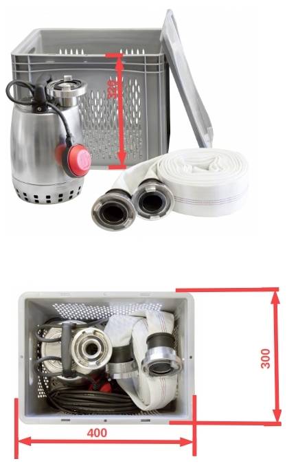 Metallpumpe und Spiralschläuche in einer Kunststoffkiste mit Abmessungen: Breite 400 mm, Höhe 300 mm. Ausrüstung zur Flüssigkeitsumwälzung oder Entwässerung.
