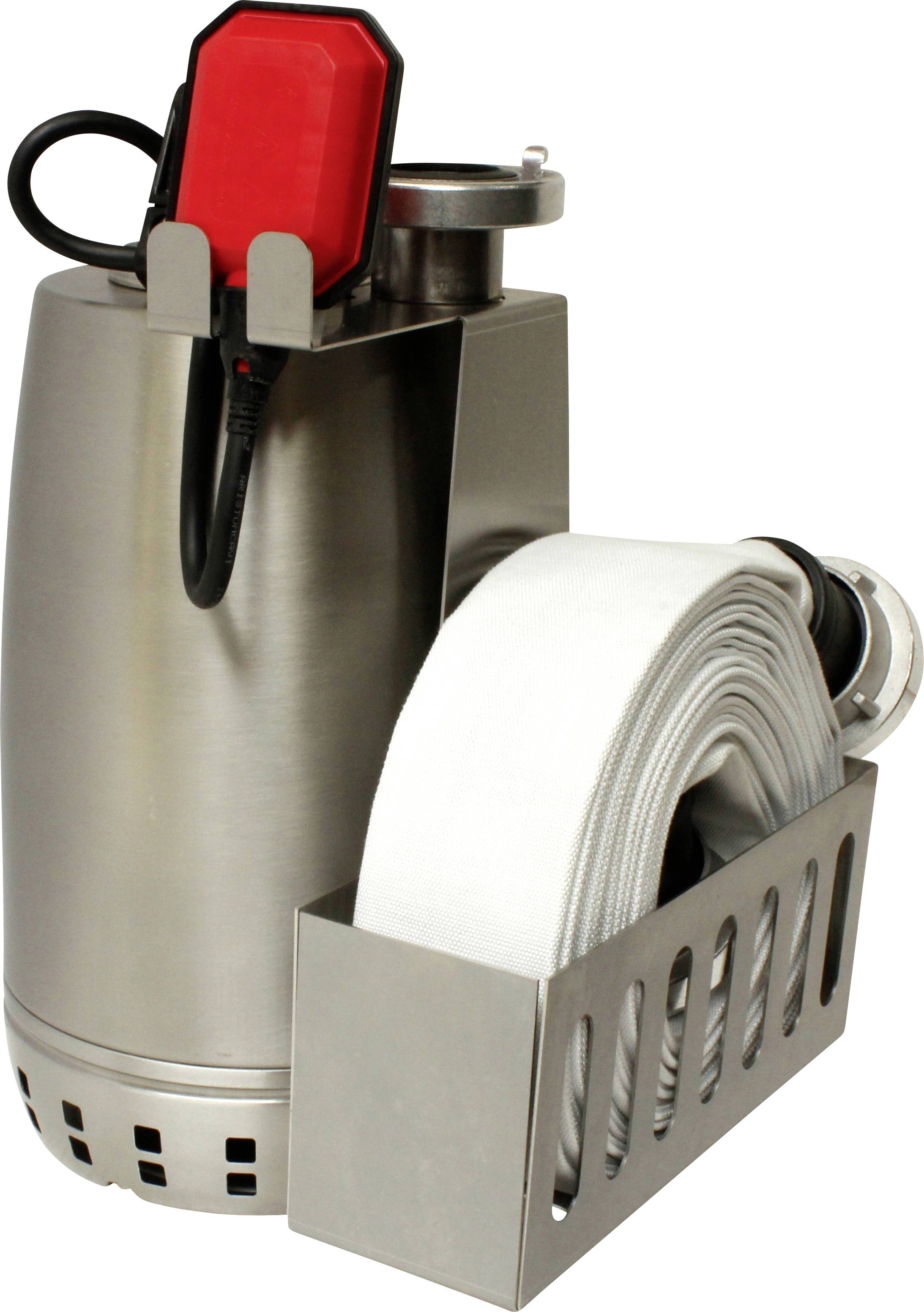 Eine tauchbare Wasserpumpe mit einem roten Schwimmerschalter und einem angebrachten aufgerollten weißen Schlauch in einem Metallhalter.