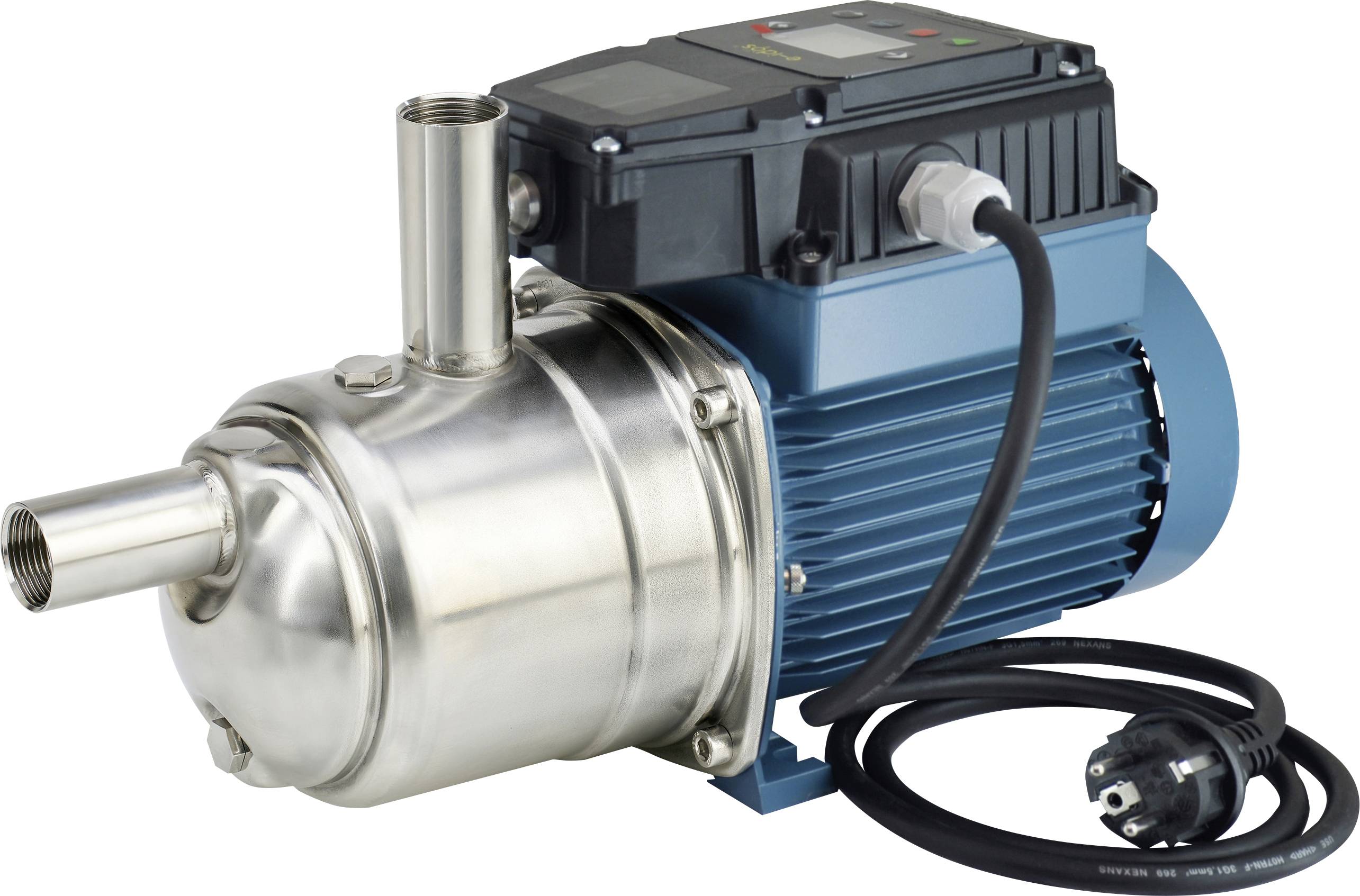 Eine blau-silberne elektrische Wasserpumpe mit Bedienfeld und Stromkabel, entwickelt für Flüssigkeitsumwälz- und Druckanwendungen.