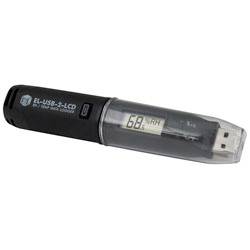 Tragbarer USB-Datenlogger für Temperatur- und Feuchtemessungen, schwarzes Gehäuse.