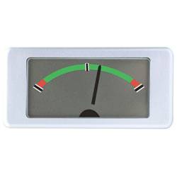 Ein Messgerät mit einer Nadel, die auf die Mitte eines grünen Bogens zeigt, der an beiden Enden von roten Abschnitten begrenzt wird und einen moderaten Pegel oder Messwert anzeigt.