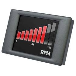 Ein rechteckiges Display zeigt ein rotes Balkendiagramm mit RPM-Werten von 0 bis 10.000 an, mit der Bezeichnung „RPM